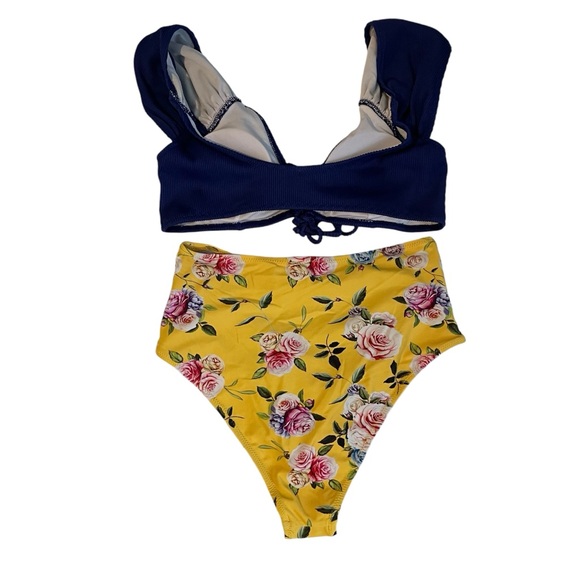 CUPSHE Women's Bikini Swimsuit Lace Up High Waisted Floral Blue Bikini Small - Picture 4 of 4